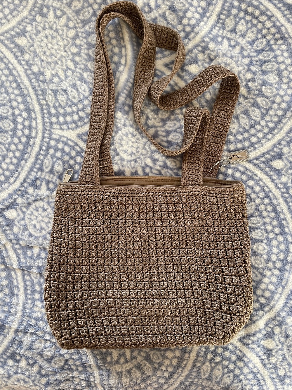 Crocheted Brown Shoulder Bag with Long Strap